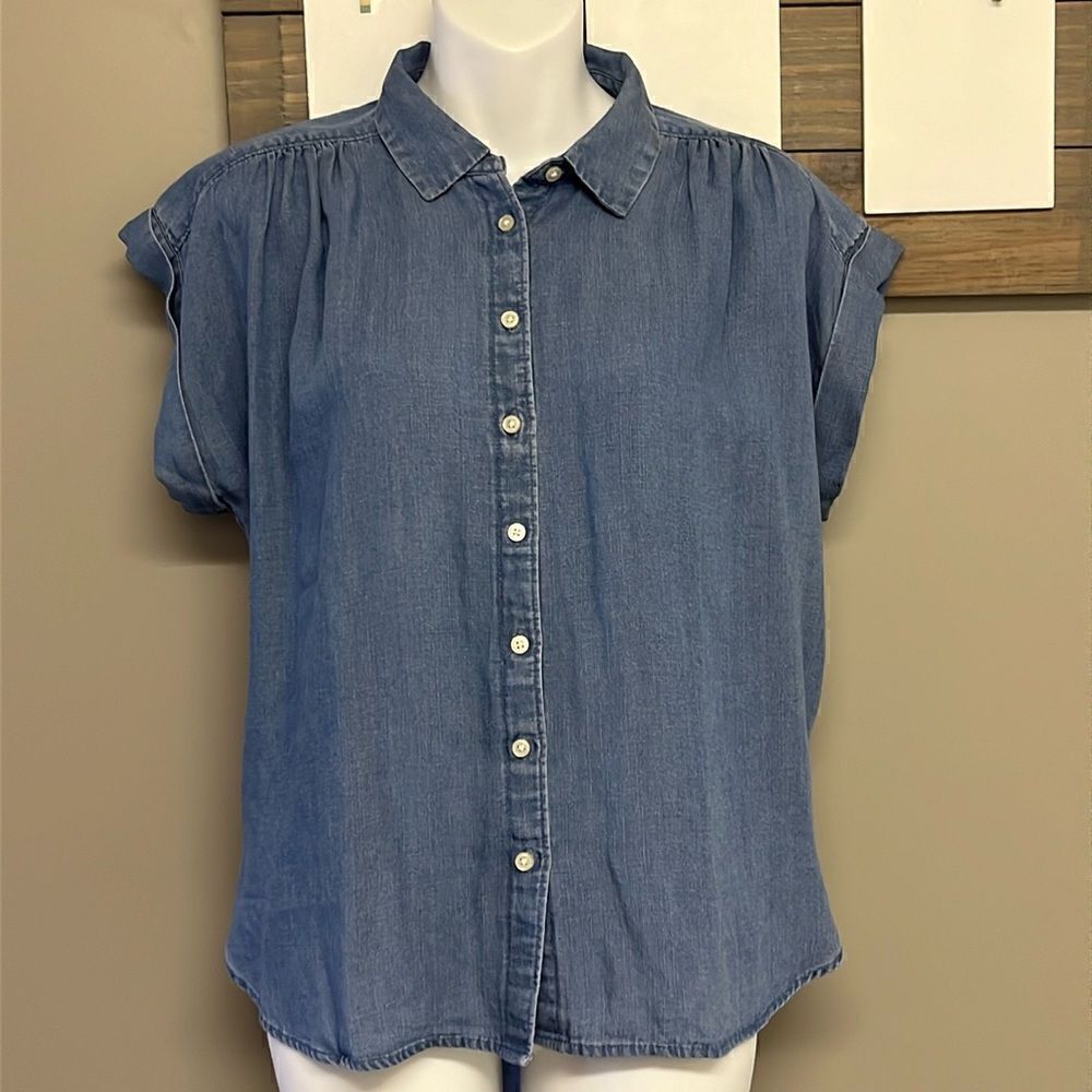 LOFT Petites Lyocell Blend Button Down Short Sleeve Shirt with Pleating- MP